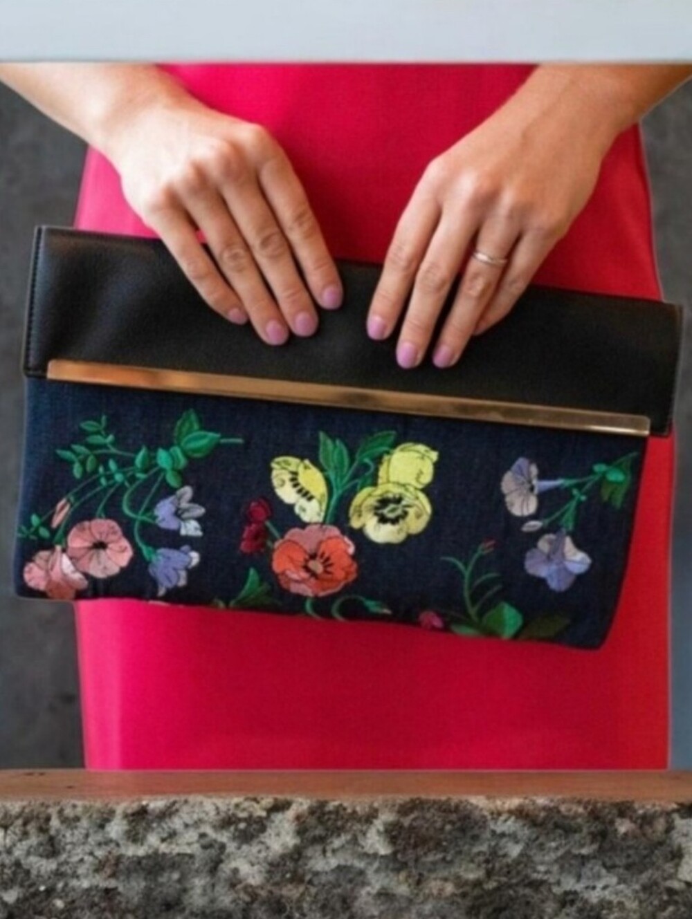 Ann Taylor Floral Embroidered Black & Navy Foldover Clutch